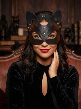 Black Faux Leather Cat Ear Masquerade Mask – Silver Studded Half-Face Mask